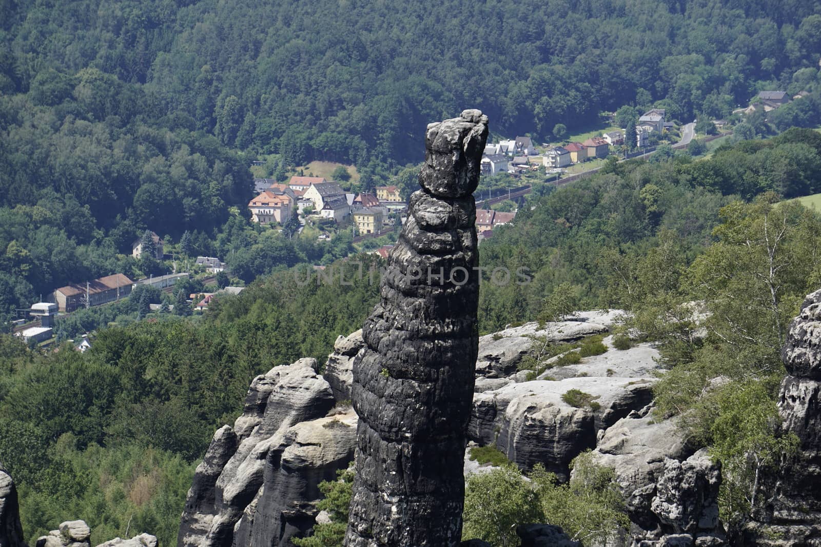 View from Schrammstein viewpoint to Brosi needle and Bad Schandau Krippen, Germany