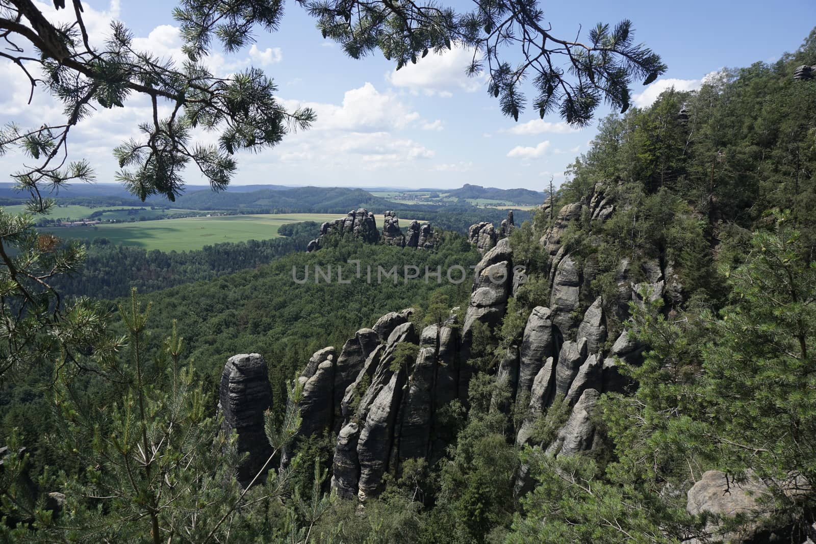 Beautiful view over impressive sandstone rock formations in the Schrammsteine area