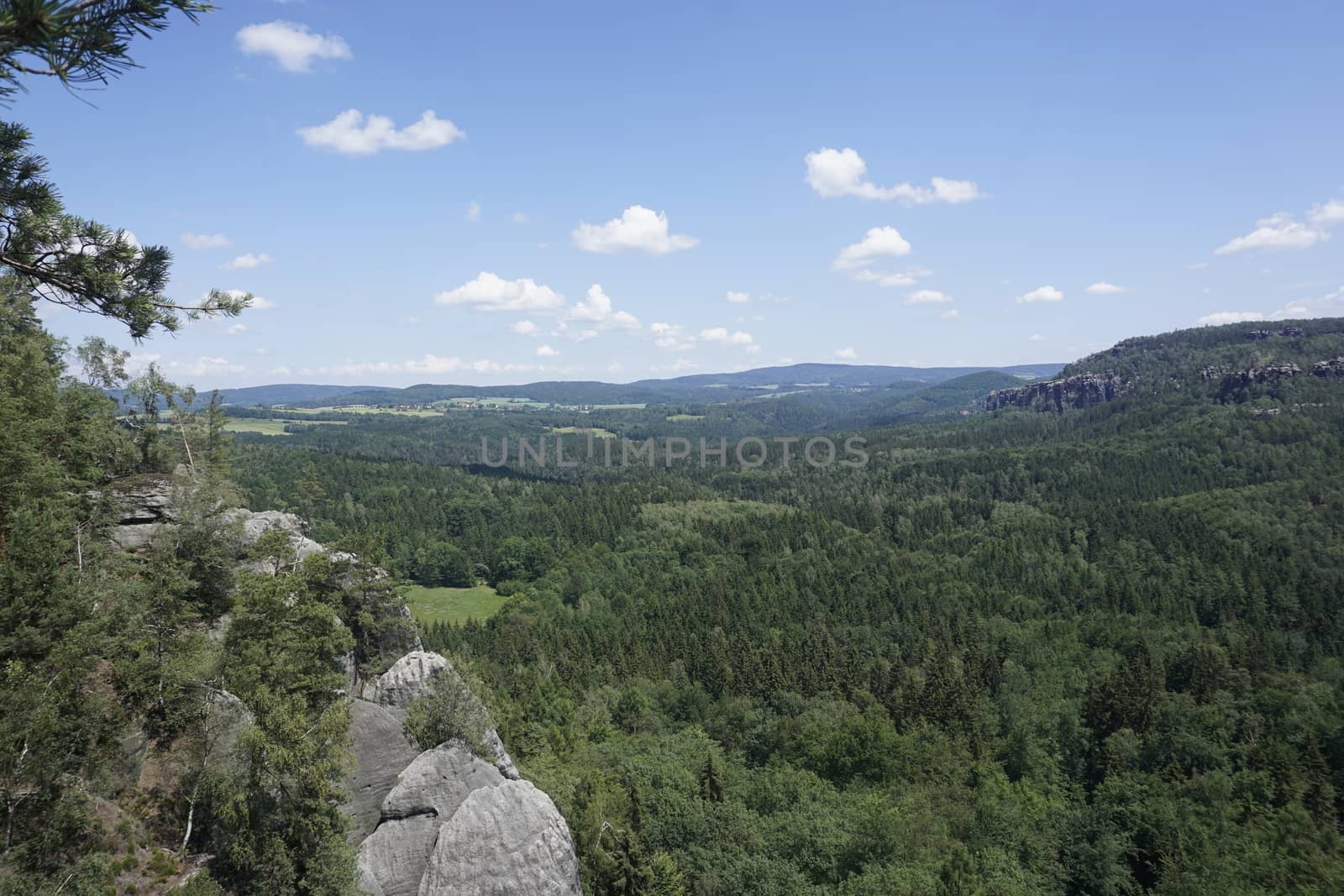 View from the Schrammsteine massif over beautiful hilly landscape