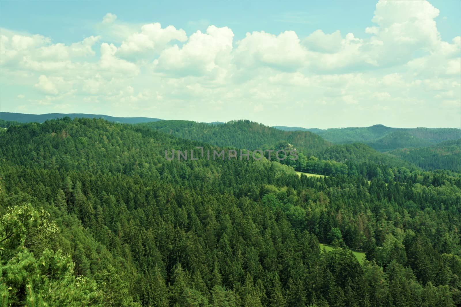 View from Kanzel mountain over the forests and hills of Saxon and Bohemian Switzerland
