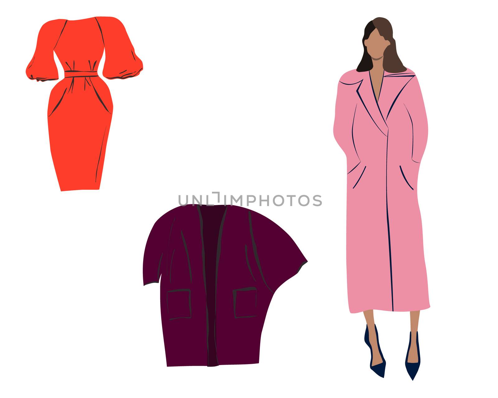 Women wearing pink coat with wardrobe collection. Female Clothes style set. Happy person flat style vector illustration isolated on white background