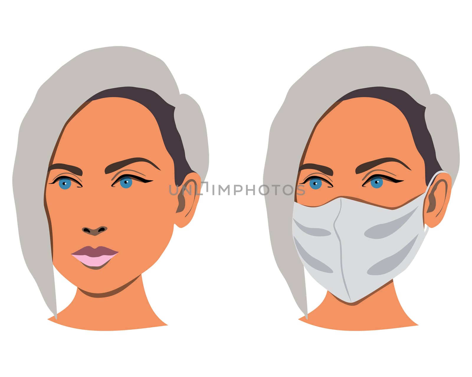 Female wear medical mask. Medical hygiene mask. Virus protection. Vector illustration isolated on white background.