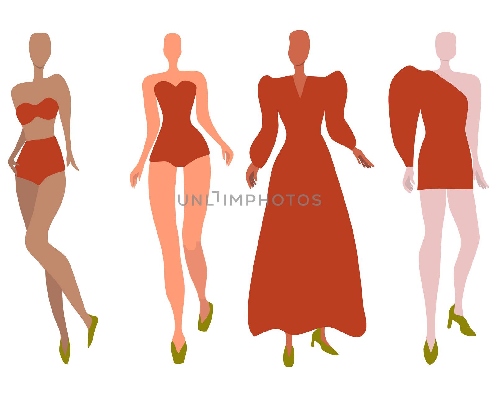 Group of females street style characters collection wearing summer orange coral colour summer clothes. Happy people flat style vector illustration.