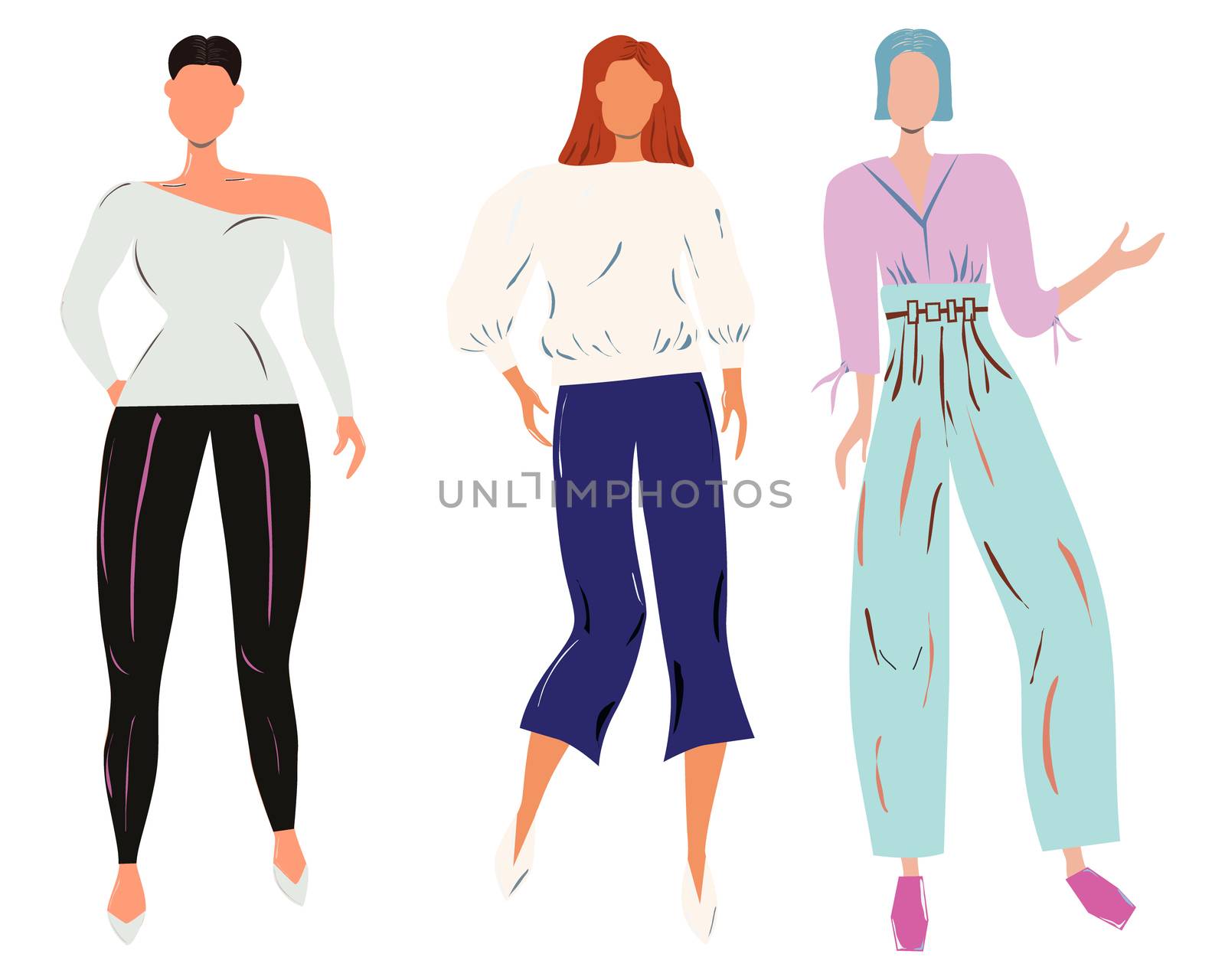 Group of females street style characters collection wearing leggings, wide trousers, wide culottes. Girls models set. Happy people flat style vector illustration.