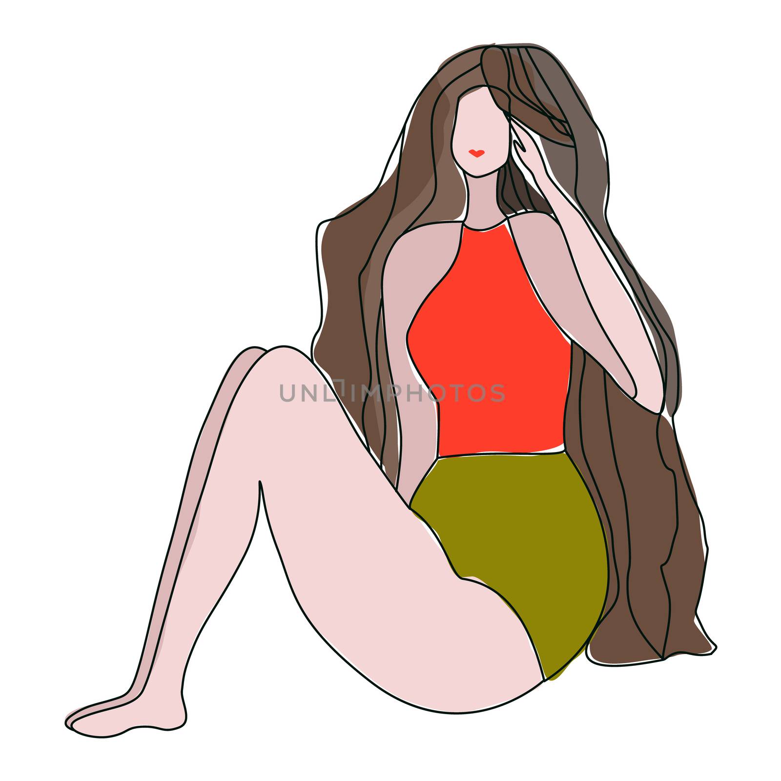 Young woman character with folded legs sitting on the floor. Avatar girl portrait. Happy female with dark long hair. Vector illustration isolated on white background.