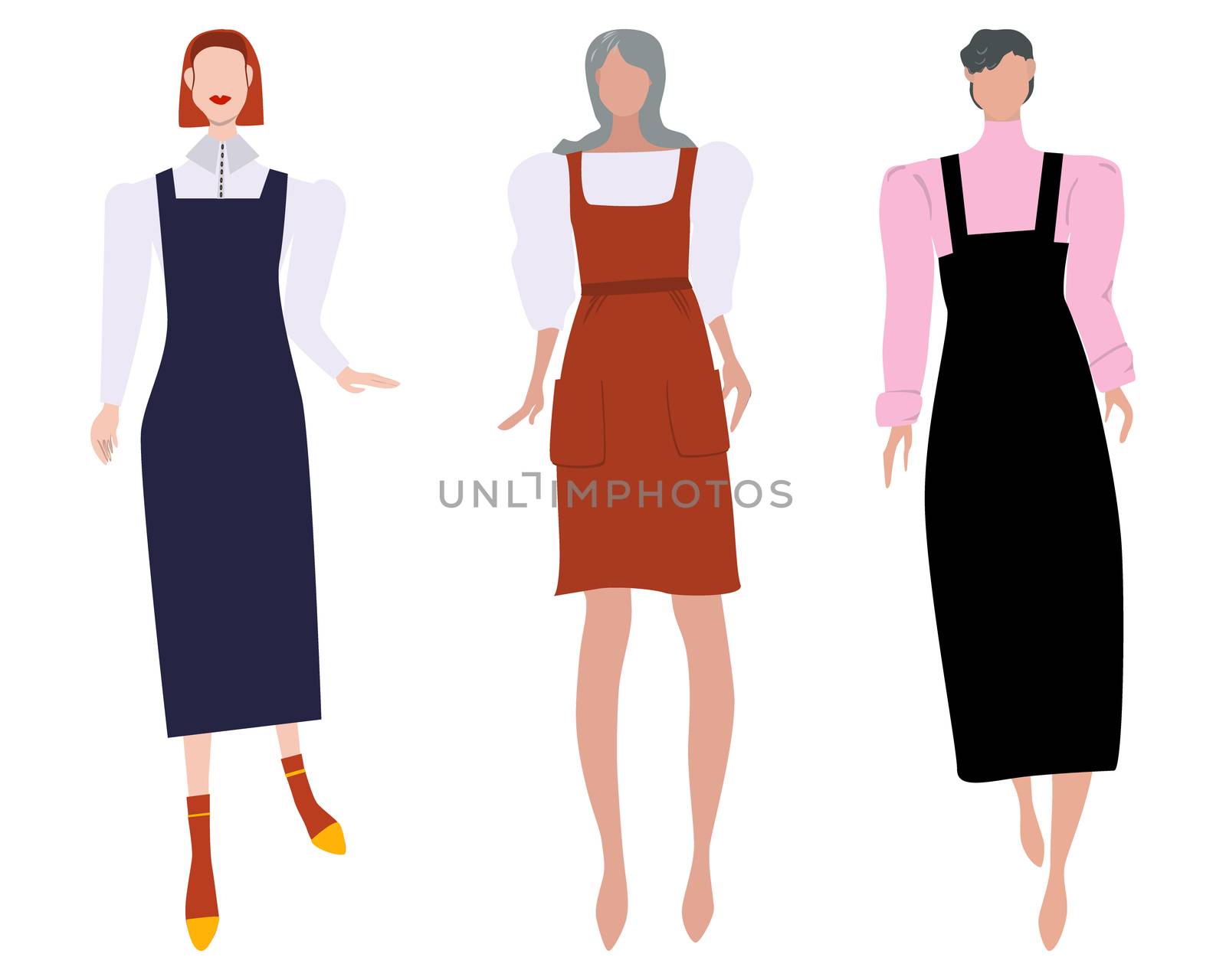 Group of females street style characters collection wearing pinafore dress different length. Girls models set. Happy people flat style vector illustration.