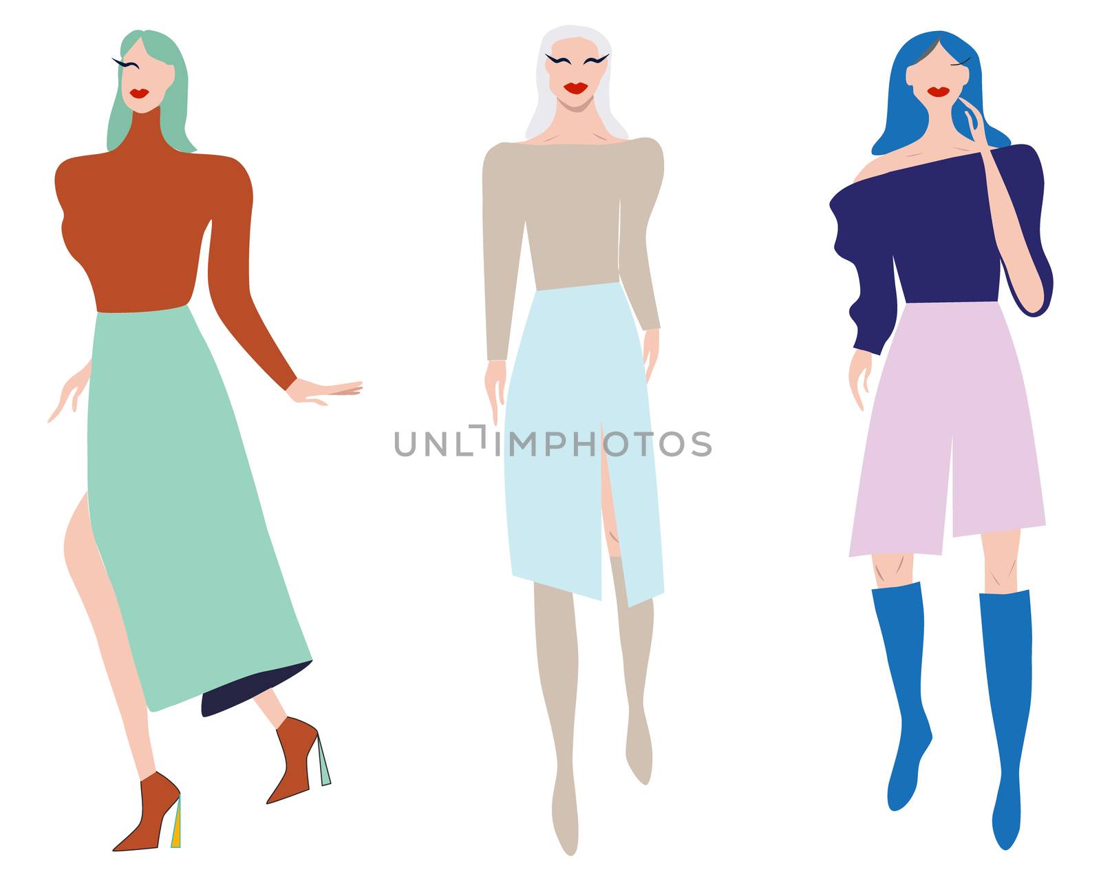 Group of females street style characters collection. Girls models set: female with long skirt ang high heels, knee high skirt and high boots. Happy people flat style vector illustration.