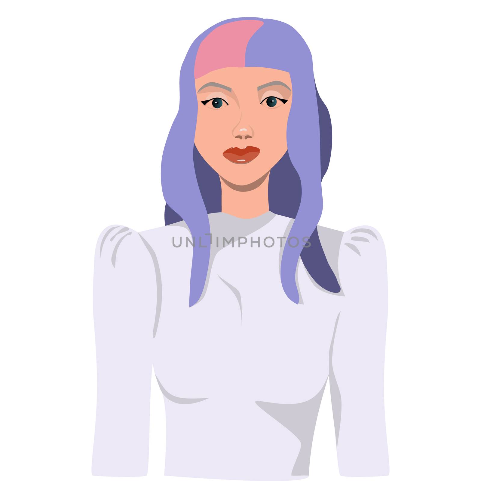 Asian young woman character. Adorable avatar girl portrait. Happy female with blue long hair. Vector illustration isolated on white background.