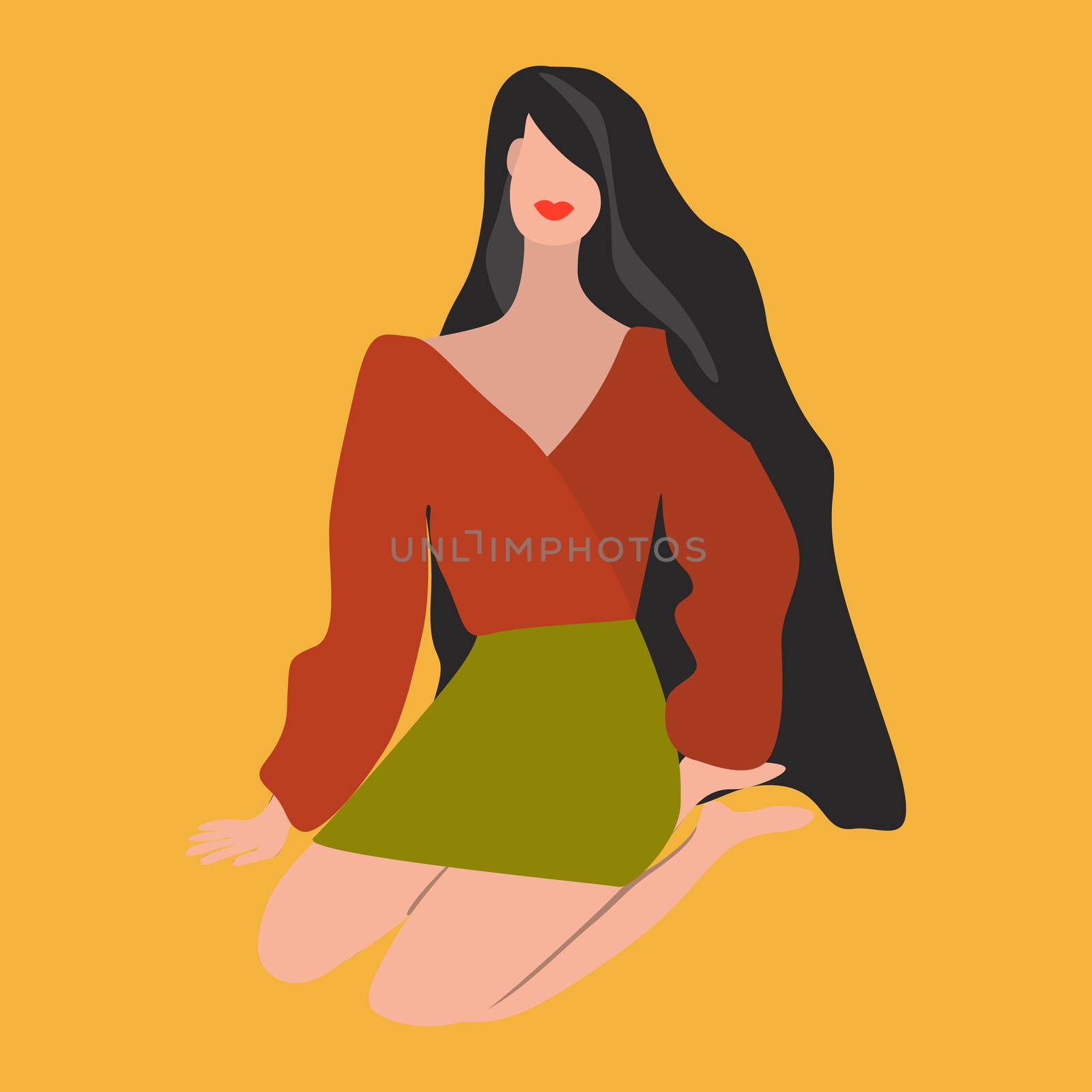 Young woman character with folded legs. Avatar girl portrait. Happy female with dark long hair. Vector illustration isolated on white background.