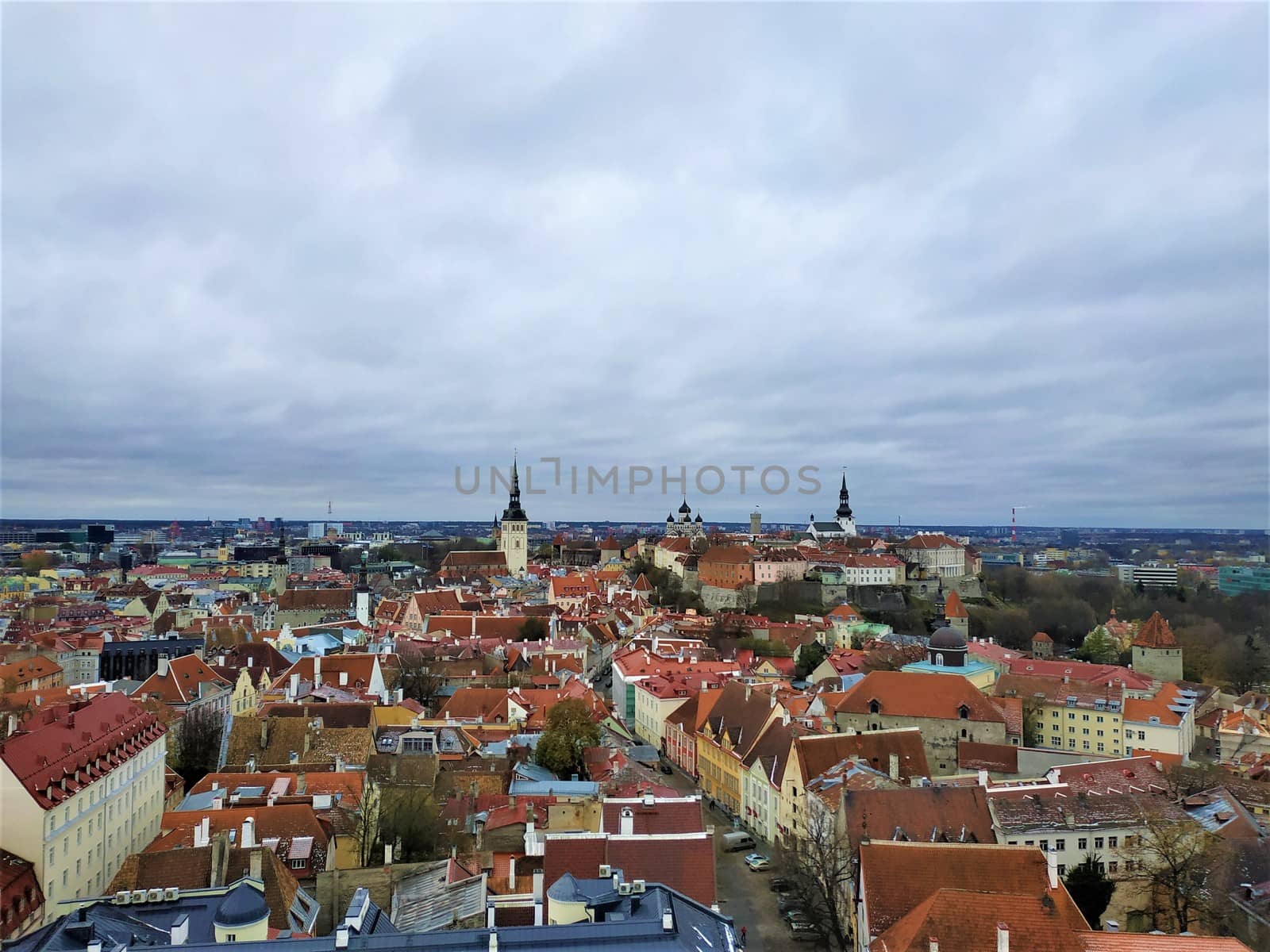 Grey sky over upper and lower town of Tallinn, Estonia