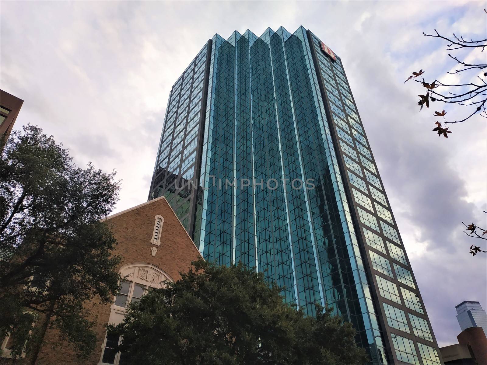 Skyscraper in downtown Dallas from worm's-eye view by pisces2386