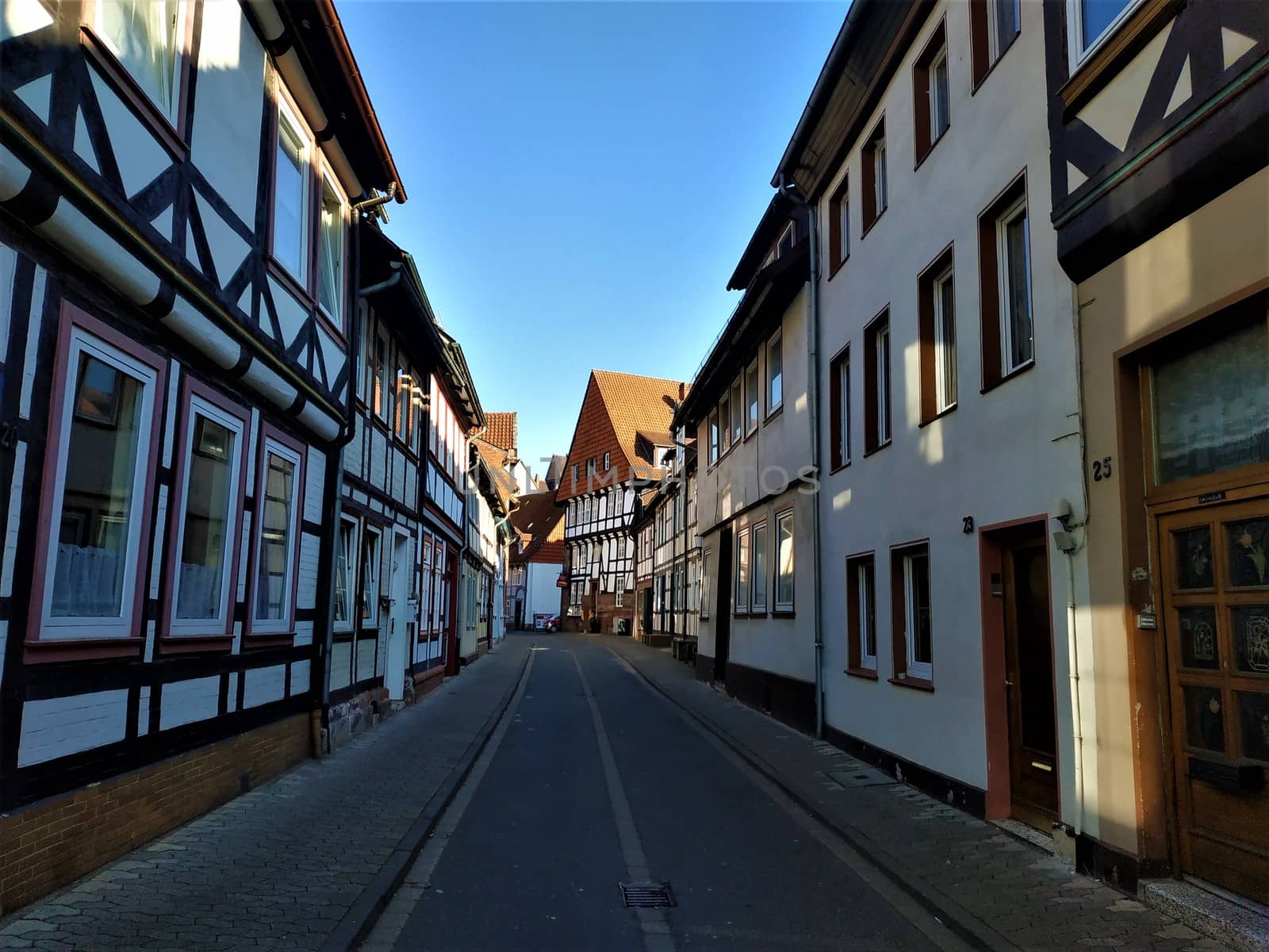 Street with half timbered houses in the old town of Einbeck, Germany