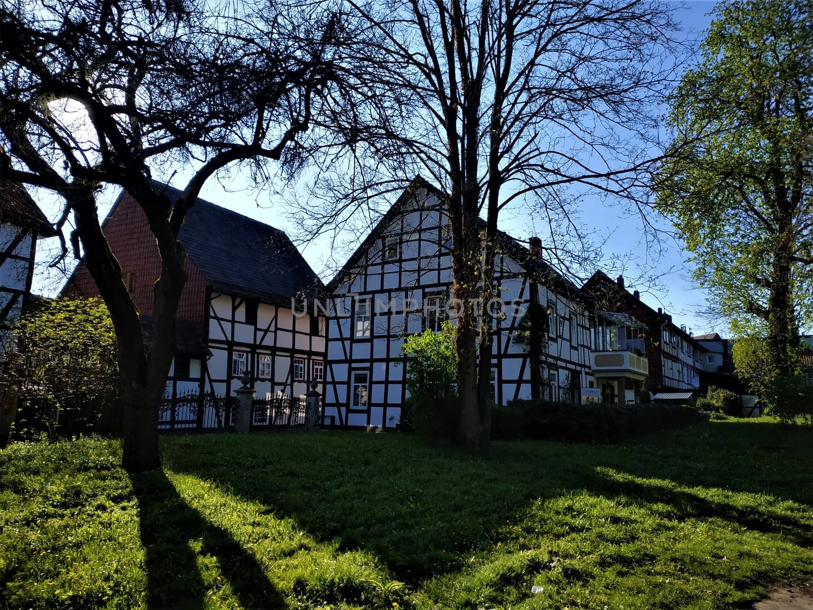 Central park in the city of Einbeck, Germany with half-timbered houses