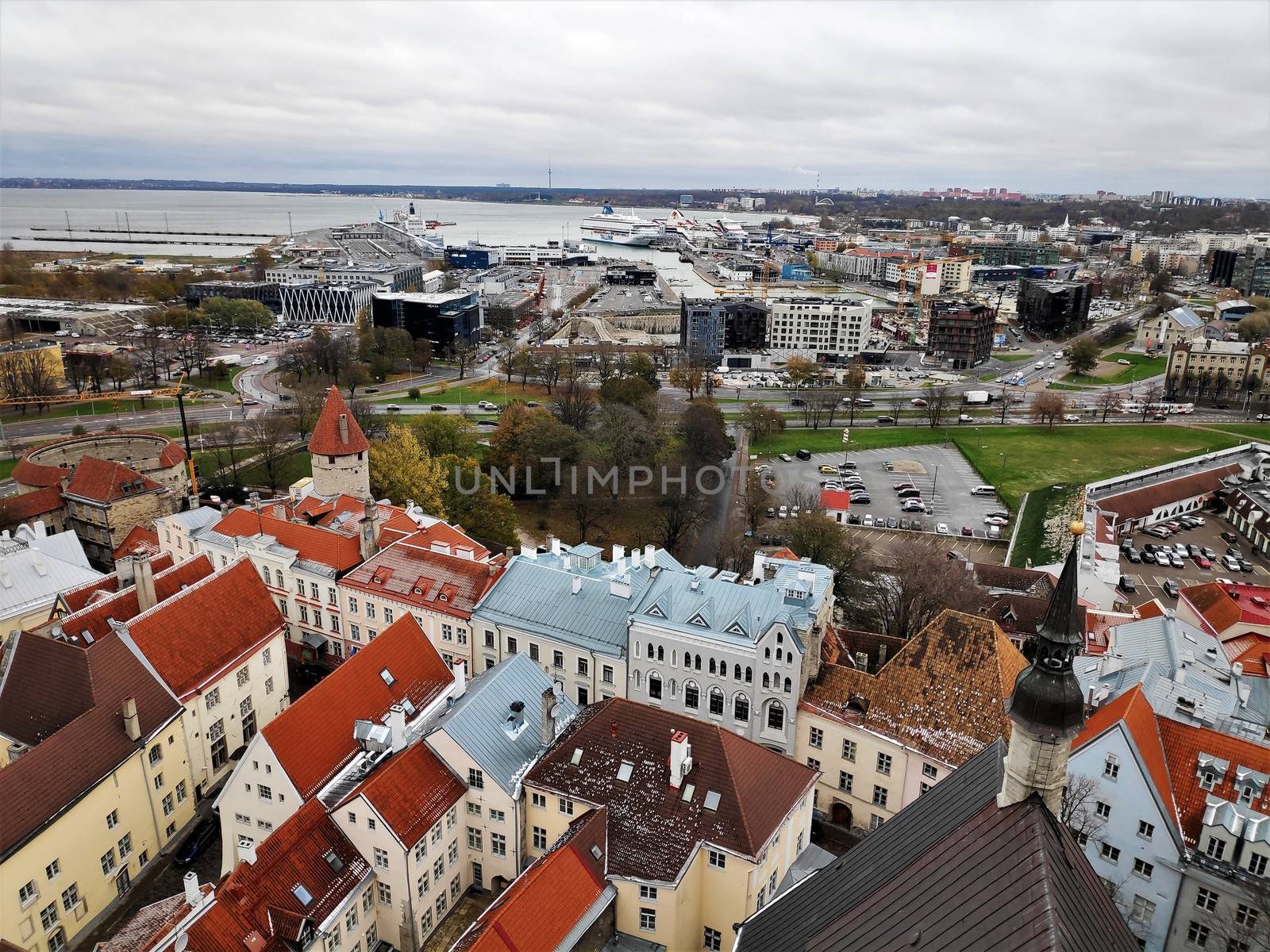 View from St Olaf's church to the port of Tallinn, Estonia