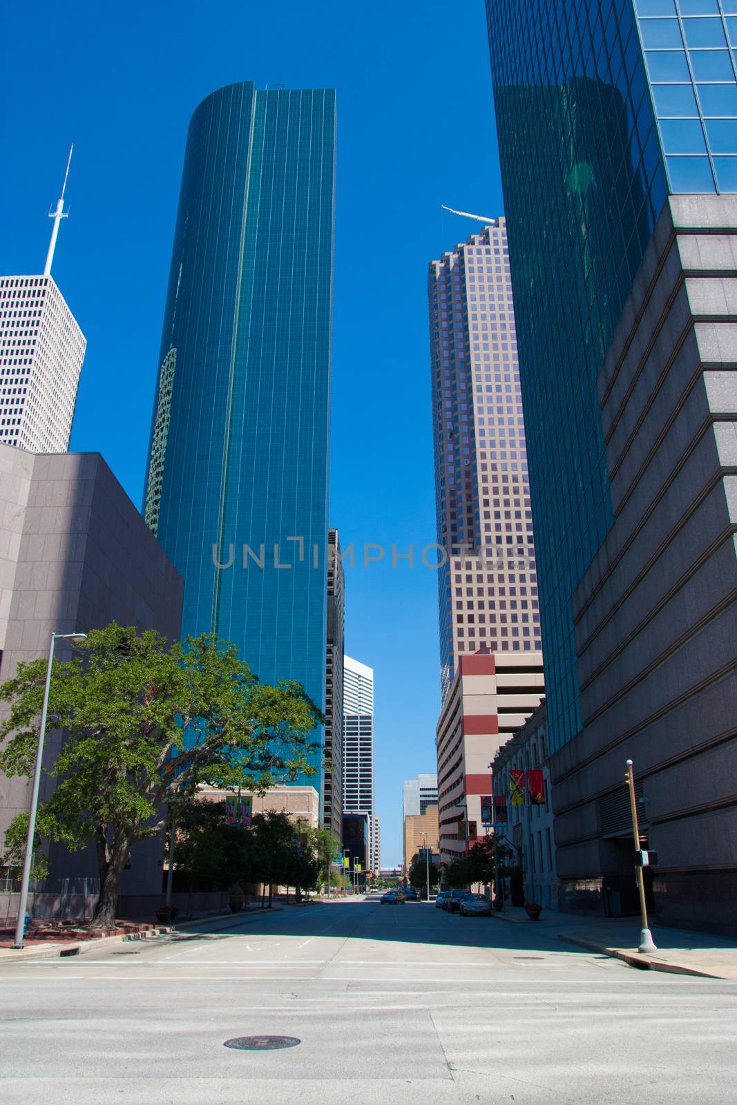 A street view of downtown Houston, Texas on a weekend.