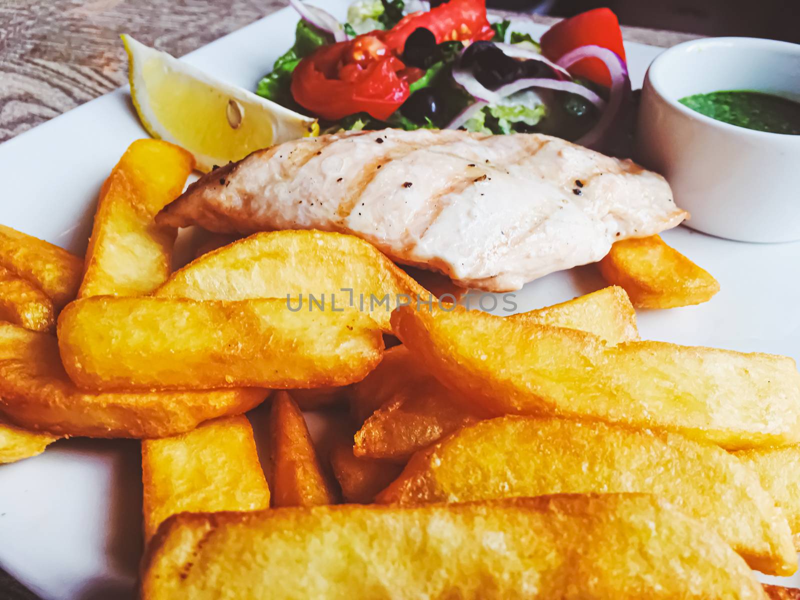 Grilled chicken, french fries and salad for lunch by Anneleven