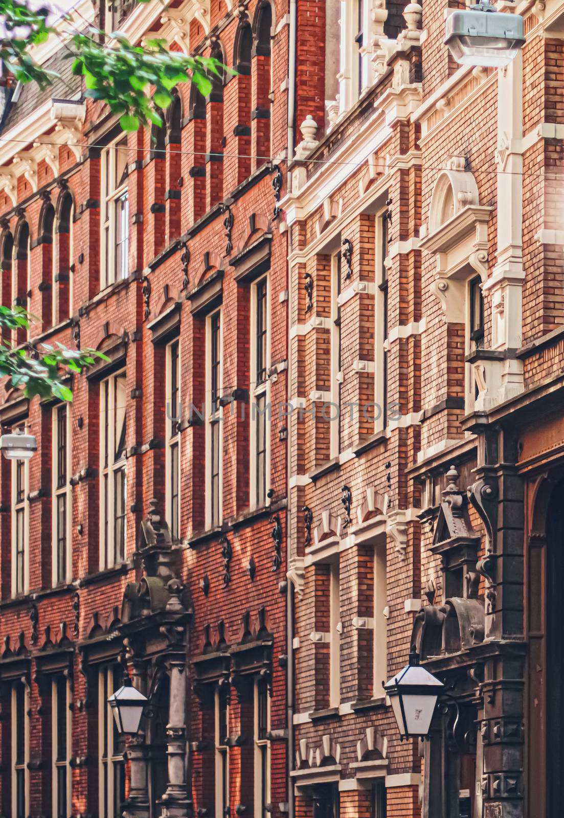 Main downtown street in the city center of Amsterdam in Netherlands on sunny day