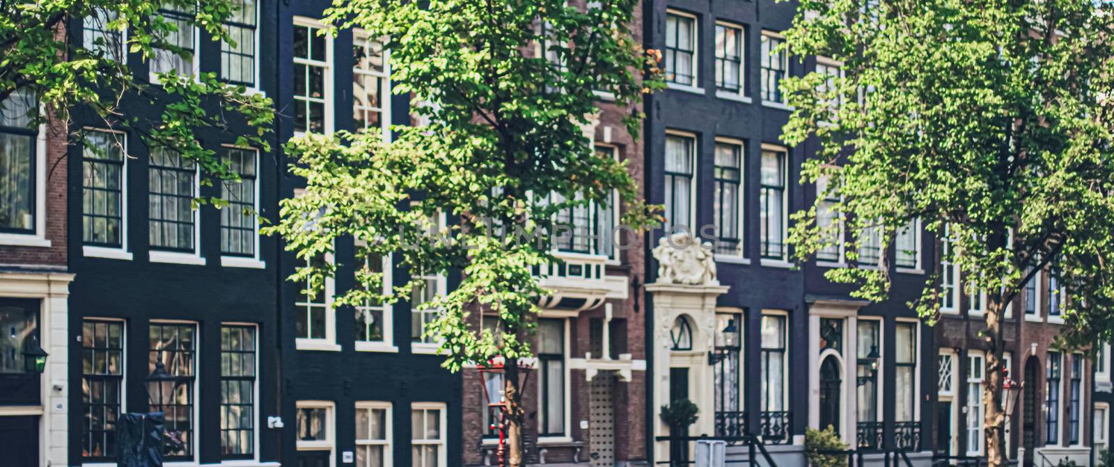 Main downtown street in the city center of Amsterdam in Netherlands on sunny day