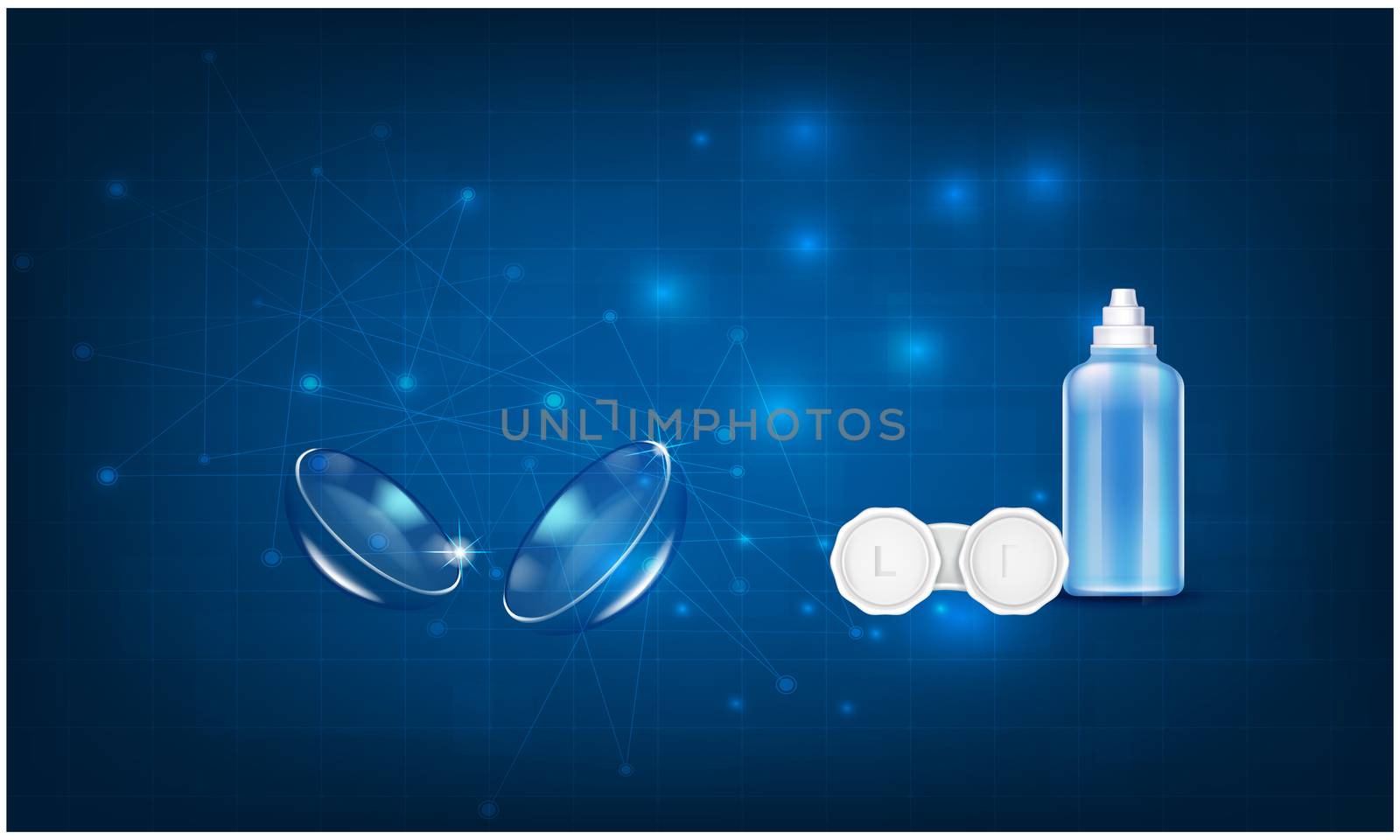 mock up illustration of contact lens case and solution bottle on water background by aanavcreationsplus