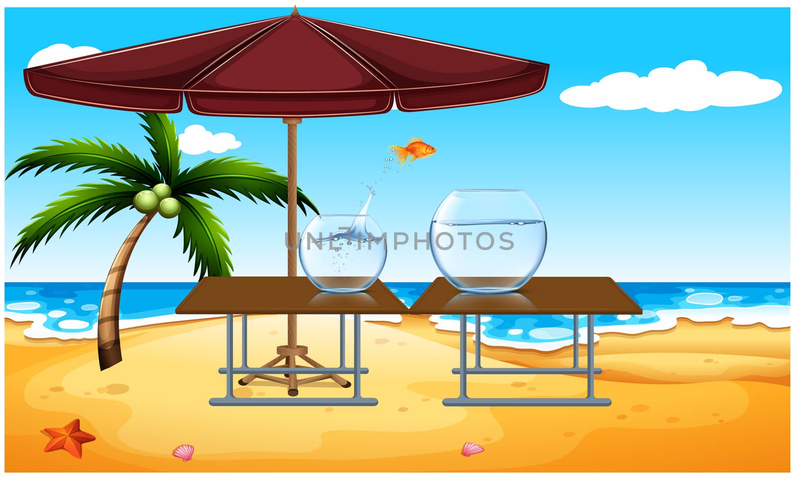 gold fish jumping from one water bowl to another on beach view by aanavcreationsplus