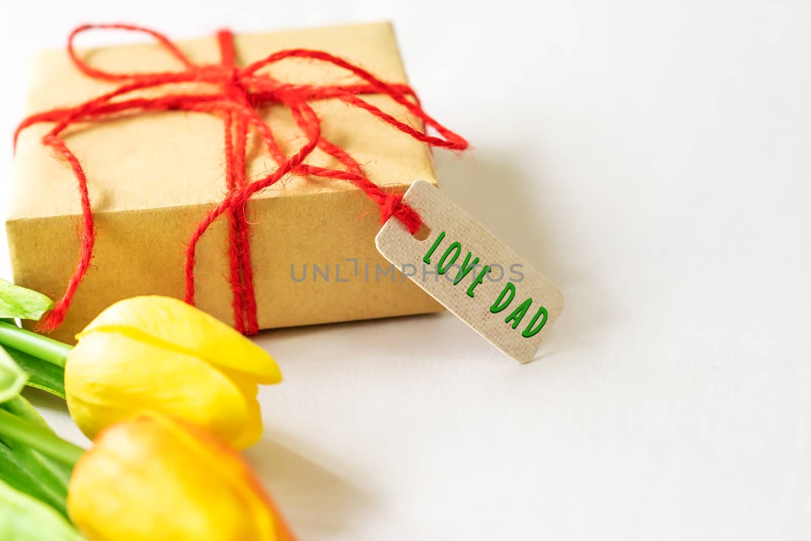 Happy father's day concept. Gift box and flower, paper tag with Love Dad text