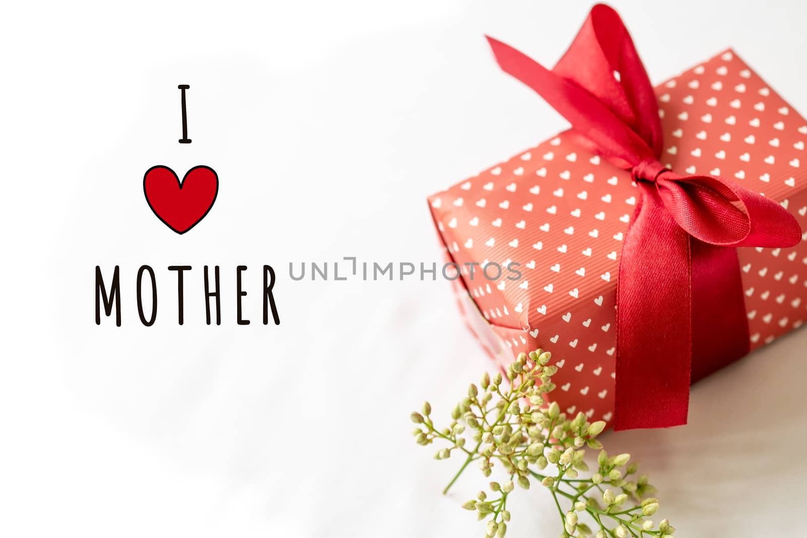 Happy father's day concept. Gift box and flower, paper tag with I LOVE MOTHER text