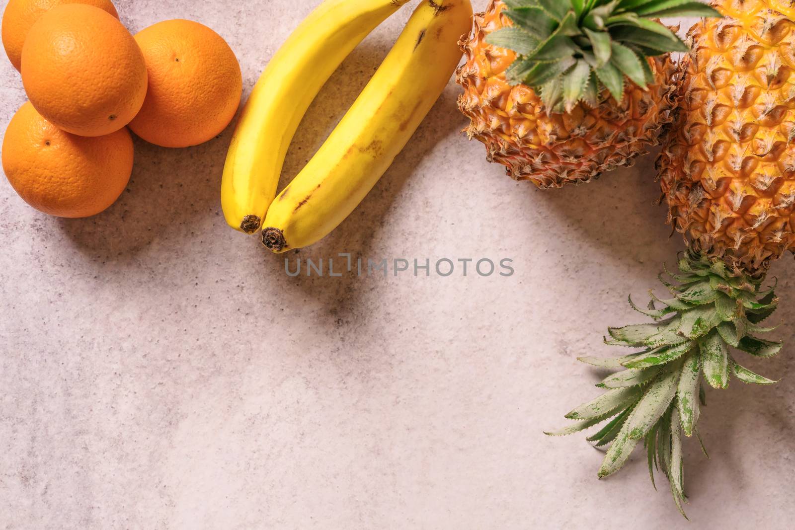 Tropical and Seasonal Summer Fruits. Pineapple Oranges and Banan by psodaz