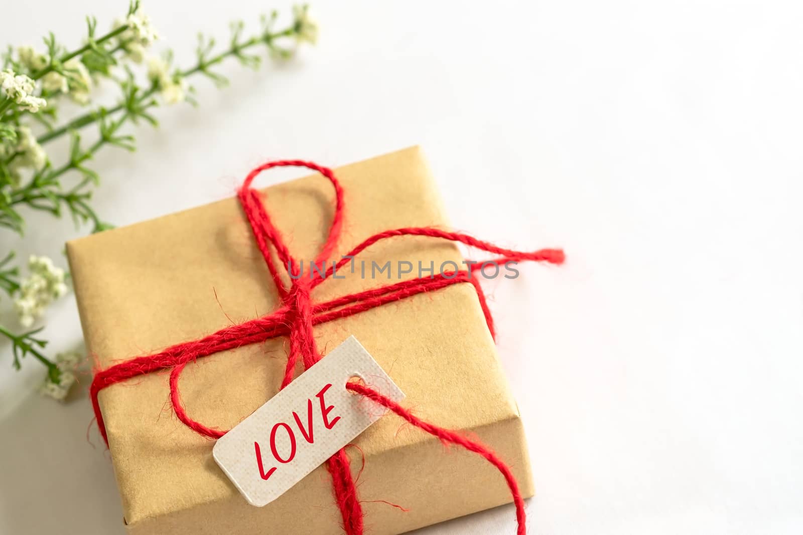 Gift box and flower, paper tag LOVE texting and copy space by psodaz