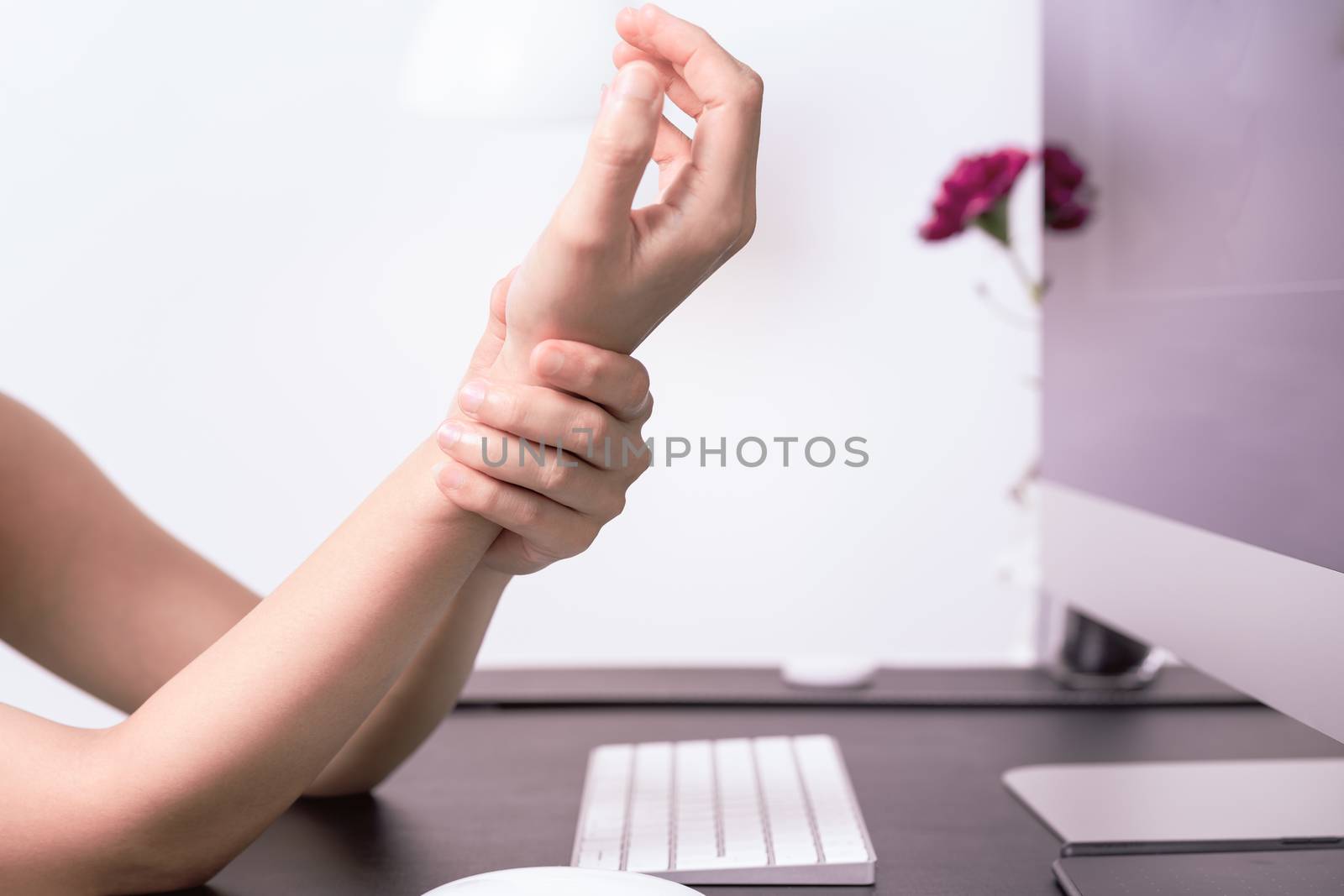 woman wrist arm pain long use mouse at office. office syndrome healthcare and medicine concept