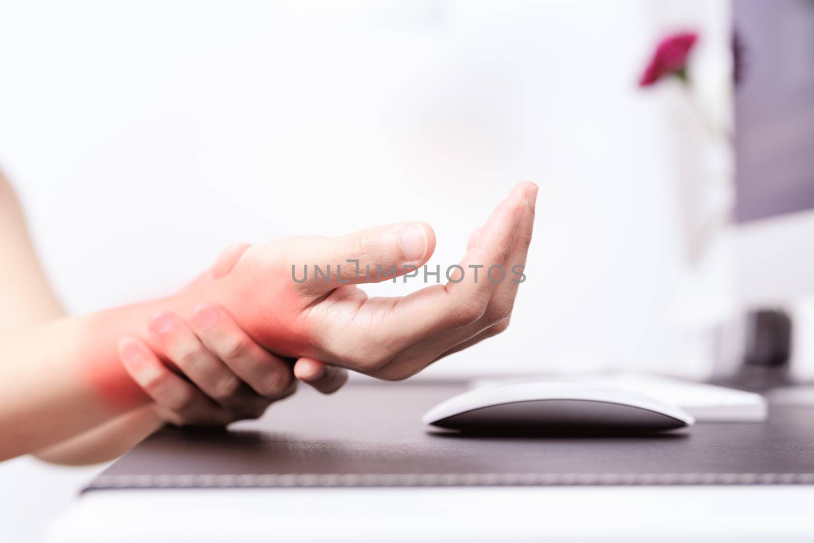 woman wrist arm pain long use mouse at office. office syndrome healthcare and medicine concept