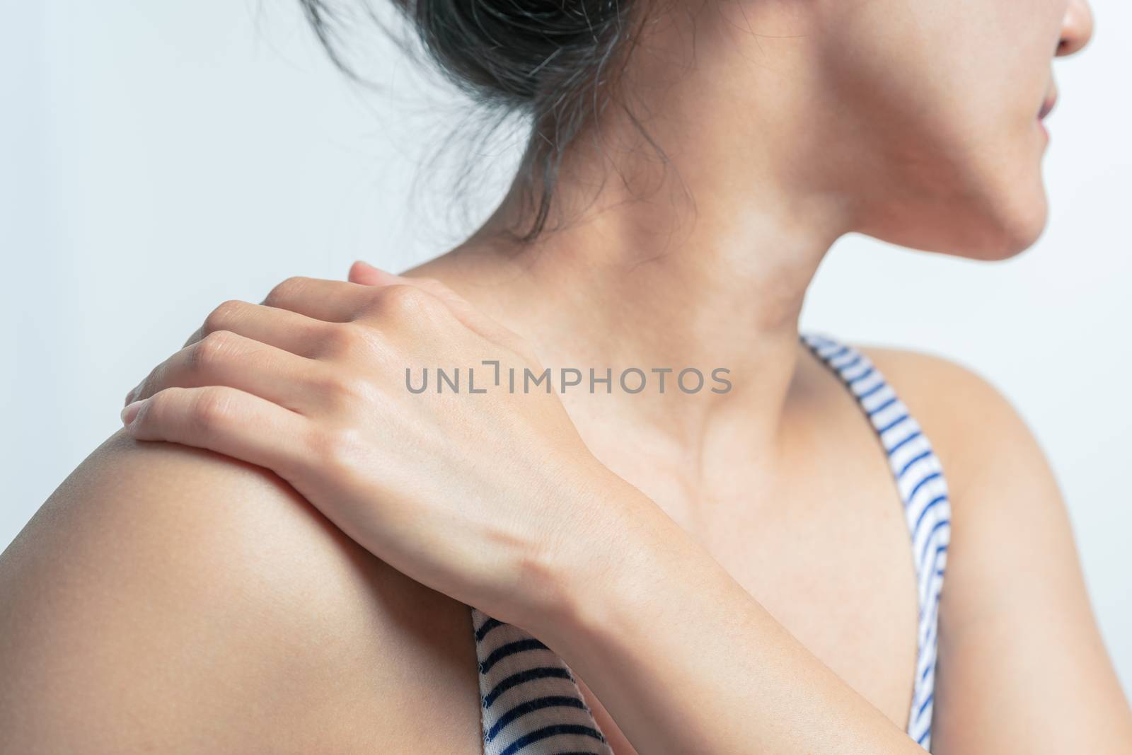 young women neck and shoulder pain injury, healthcare and medical concept