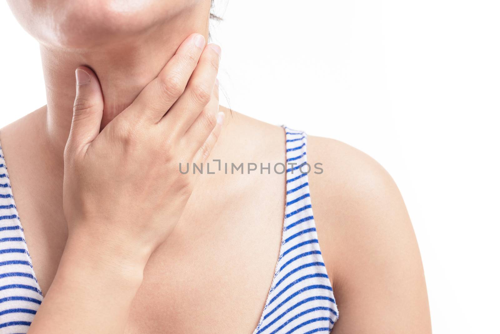 Sore throat pain women. Woman hand touching neck with sore throat feeling bad. Healthcare and medicine concept