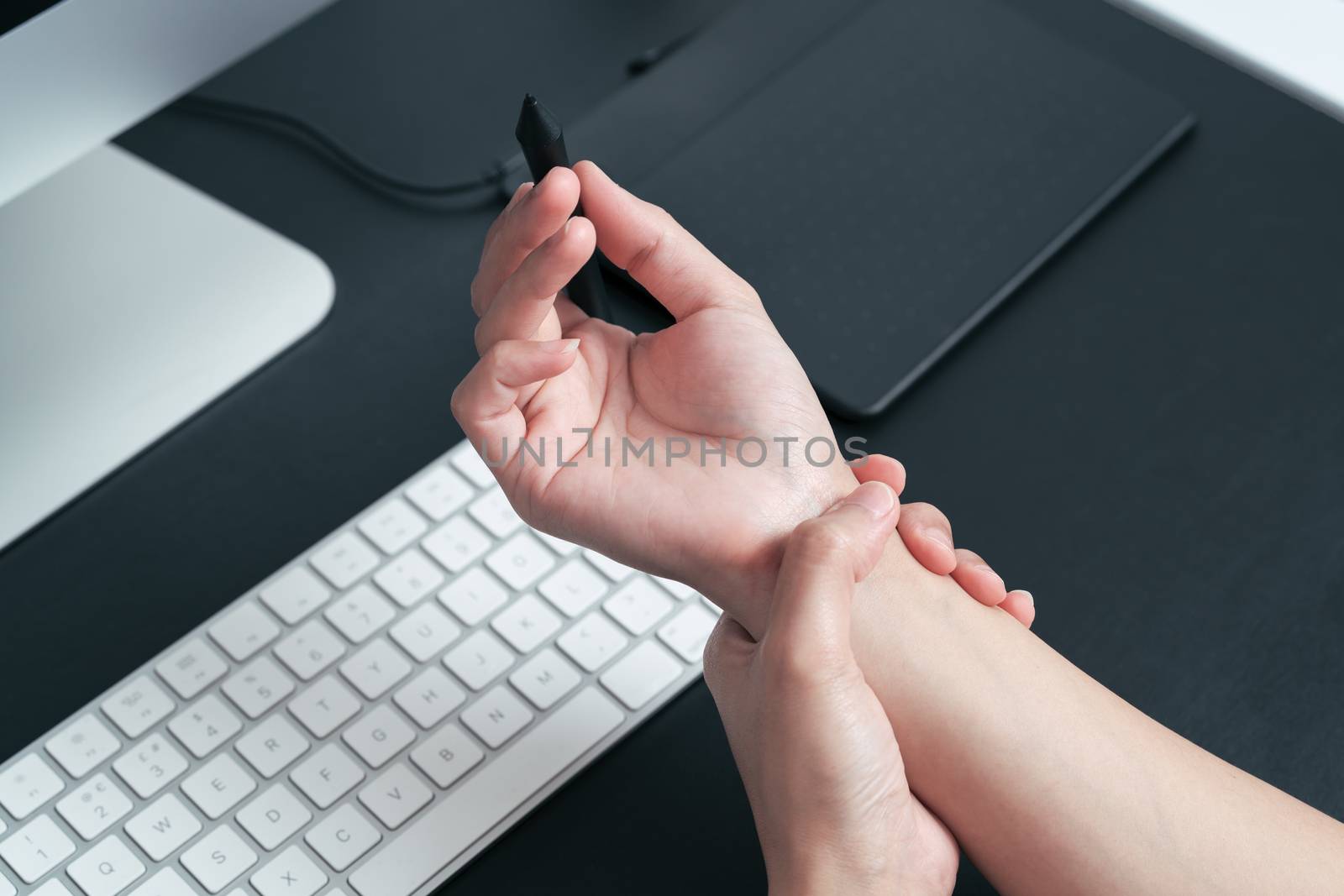 woman wrist arm pain long use pen mouse working. office syndrome healthcare and medicine concept