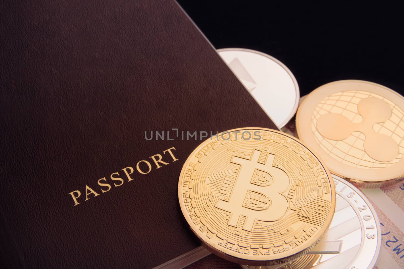cryptocurrency bitcoin coin and passport, btc, bitcoin, ethereum, litecoins, internation trading business
