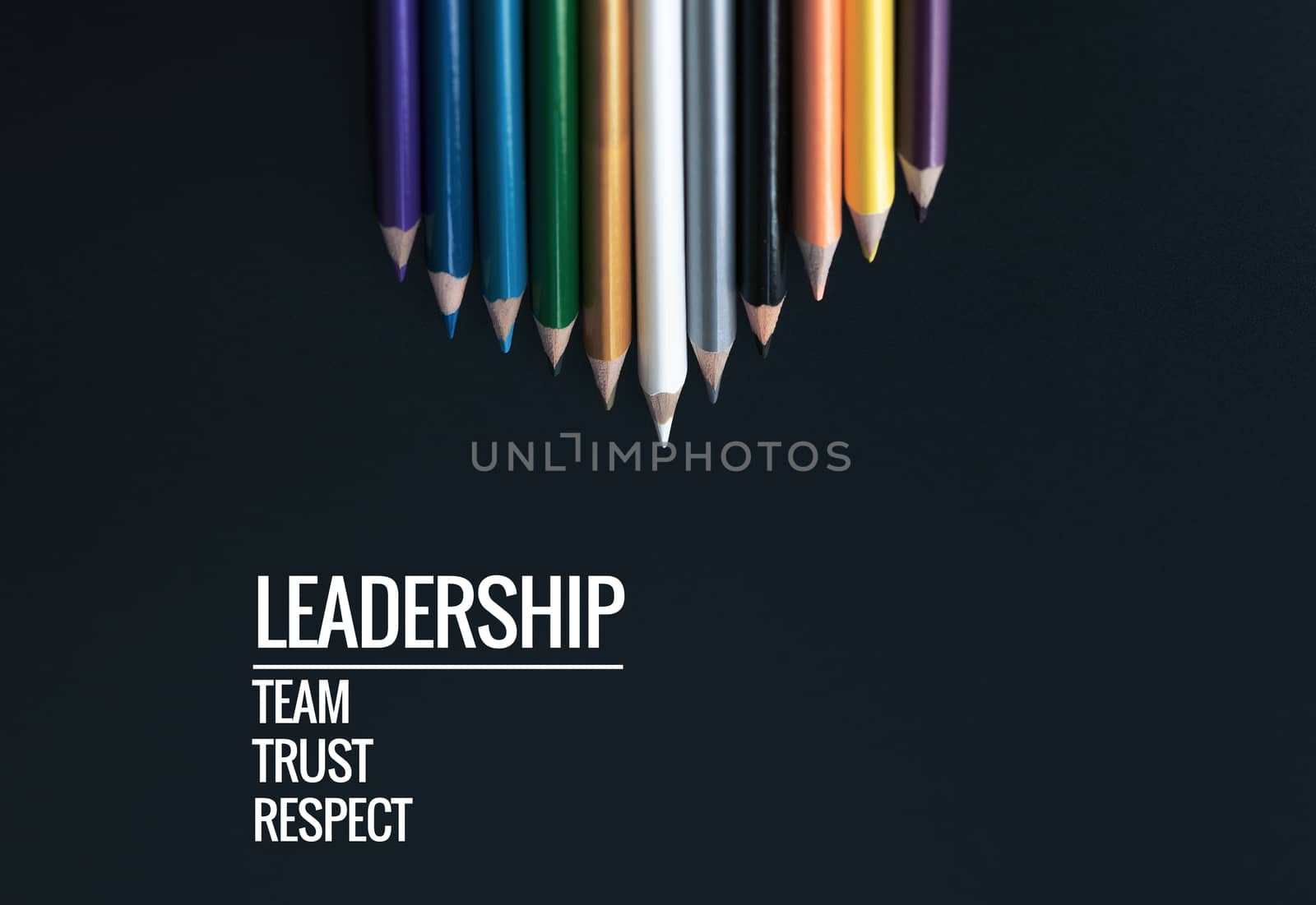 Leadership business concept. white color pencil lead other color with word Leadership, team, trust and respect on black background