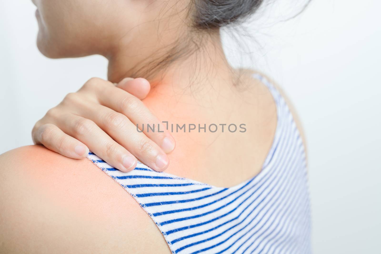 young women neck and shoulder pain injury, healthcare and medical concept