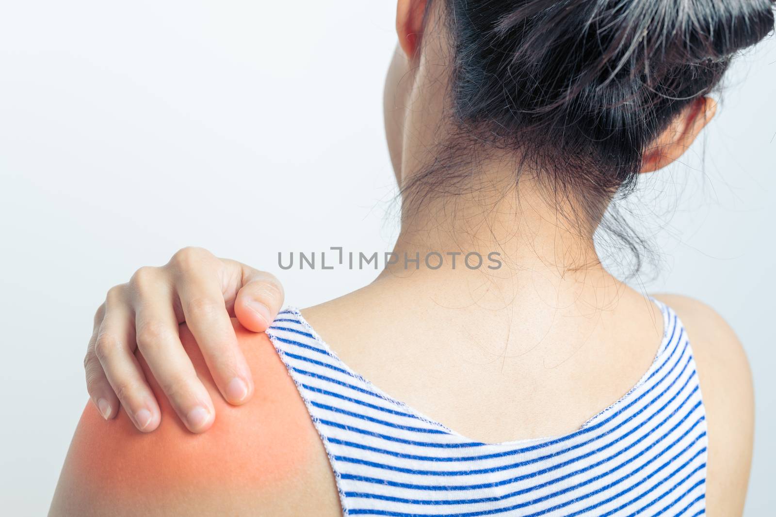 young women neck and shoulder pain injury, healthcare and medical concept