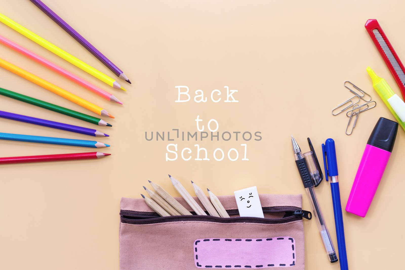 Welcome back to school background, colorful color pencil and sta by psodaz