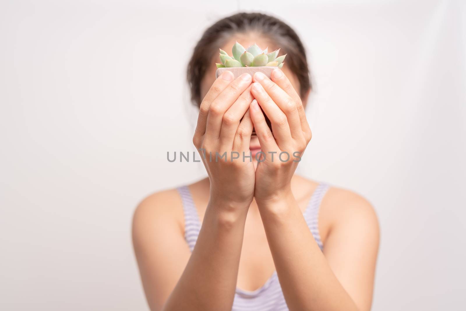 Women holding a green cactus tree on white background