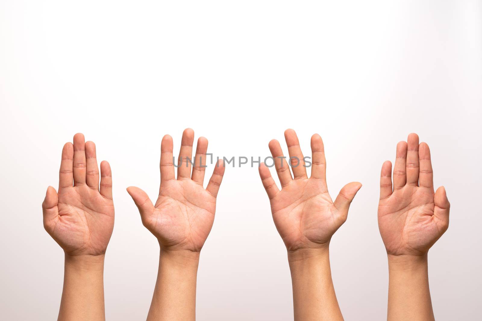 raise hand up, left and right hand raise isolate on white backgrounds in four action.