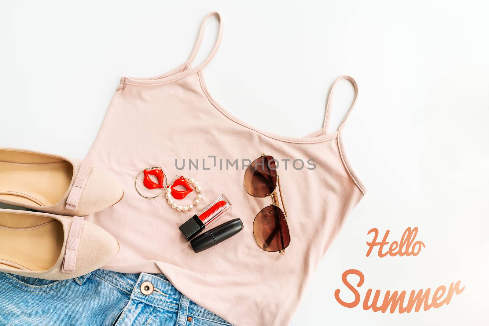 Hello summer concept. Female clothes, and accessories layout on  by psodaz