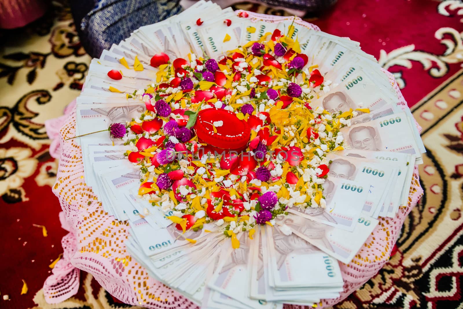 Dowry (money) on flower tray in Thai traditional wedding