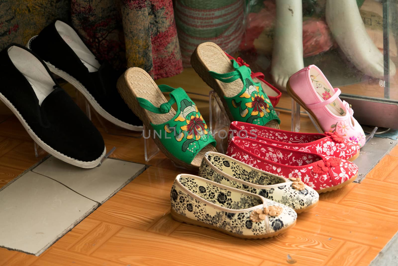 colorful of chinese shoes in store, old chinese shoes style by psodaz