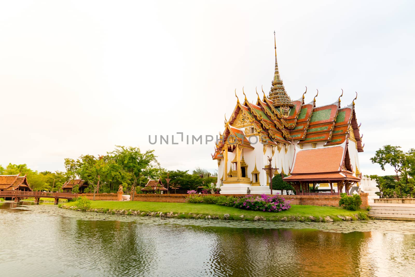 SAMUT PRAKAN, THAILAND, SEP 2017: The ancient city Thai palace with the wooden bridge (name in Thai : Phra Thinang Dusit Maha Prasat)