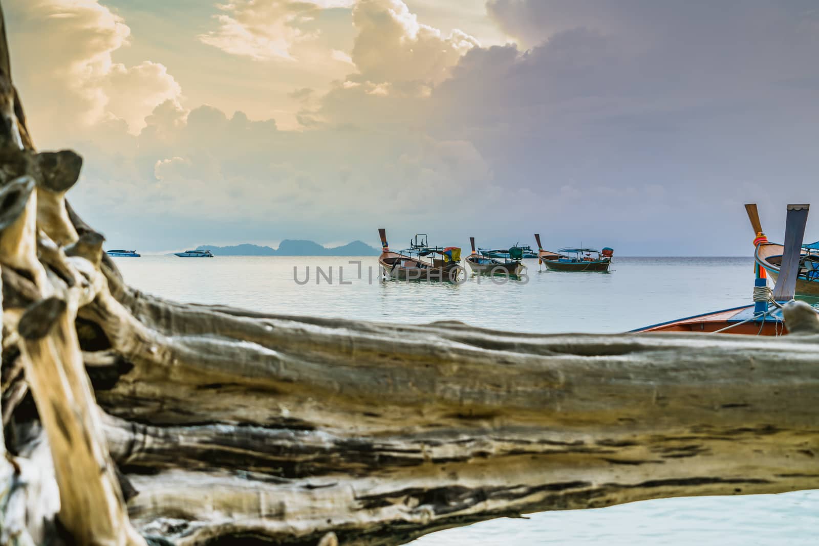 long tailed boat, fishing boat, motor boat on the sunrise scene by psodaz