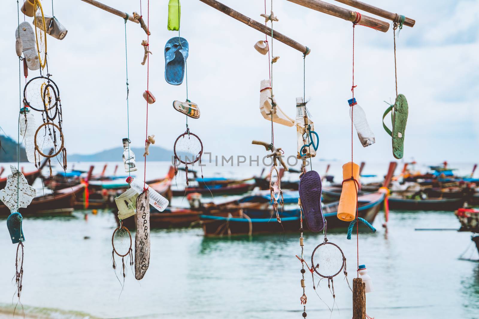 Happy in Life, the decoration of junk garbage from the sea hanging the bamboo tree