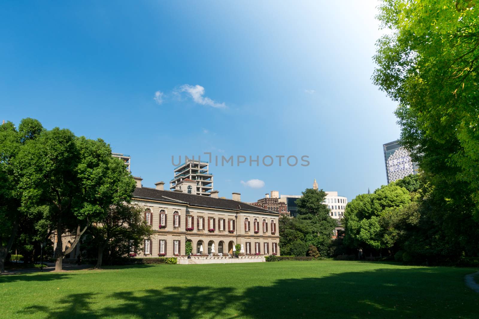 Shanghai China Sep,2017: the european style hotel building in the middle of the green garden