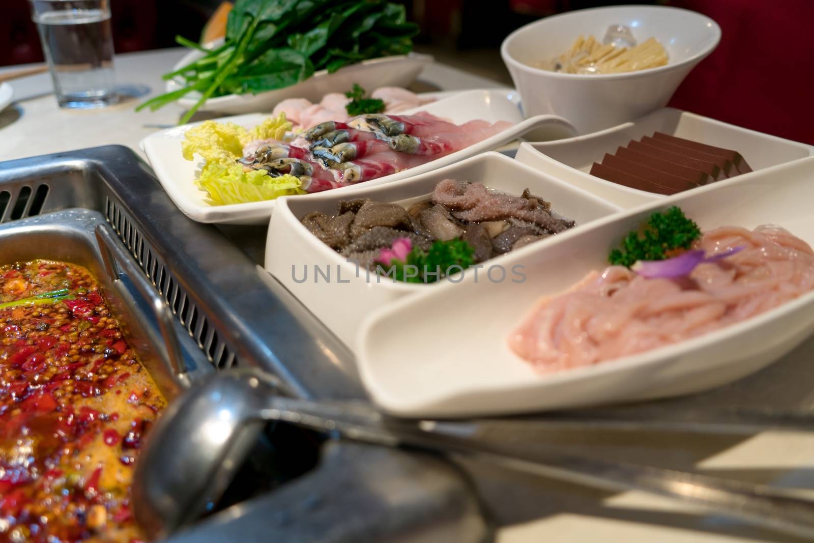 fish, meat intestine duck blood and others with the shabu pot in Chinese style