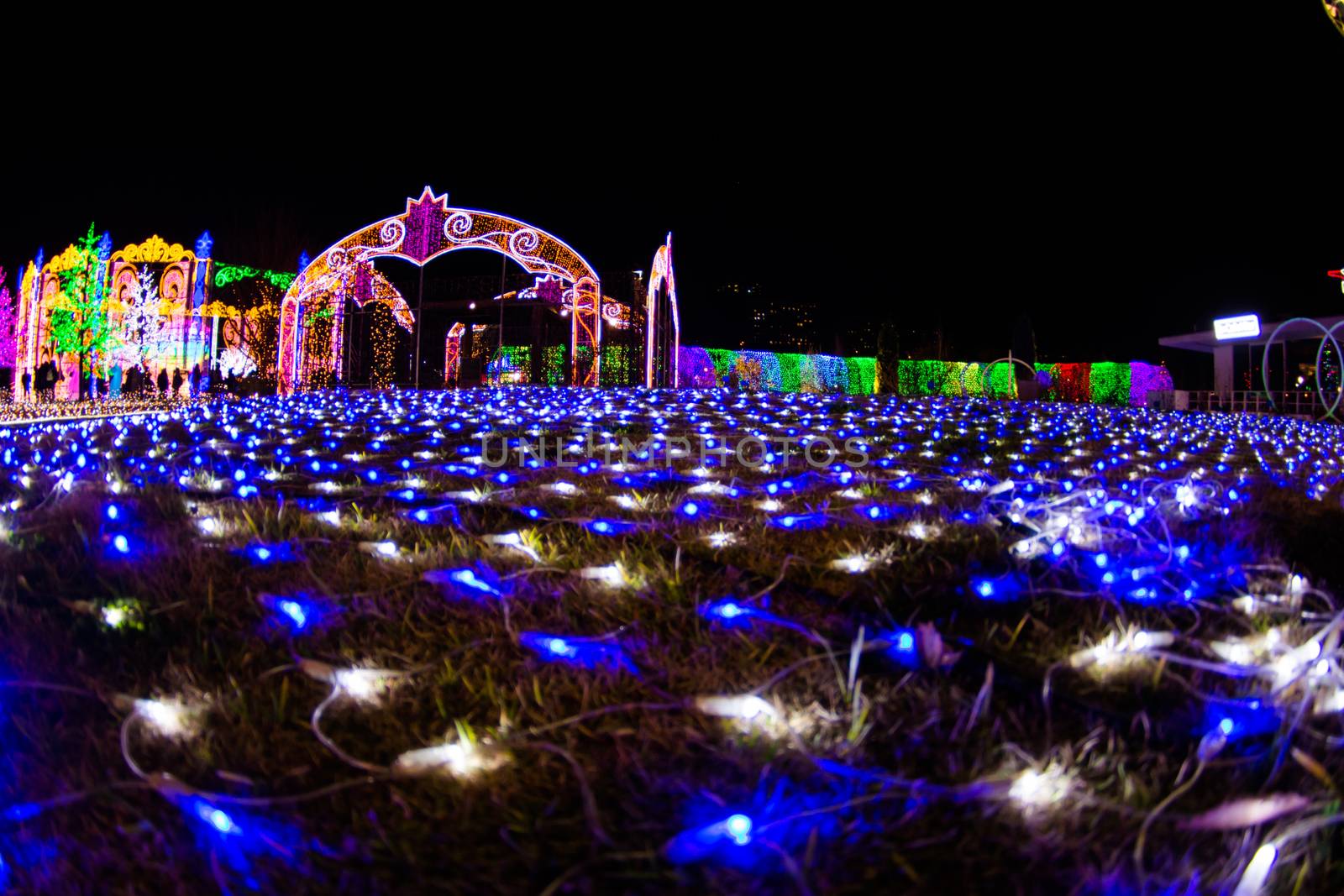 NAGASAKI, JAPAN - April 29, 2019 : Huis Ten Bosch is a theme park in Nagasaki, Japan, which displays old Dutch buildings and colorful lights show at night.