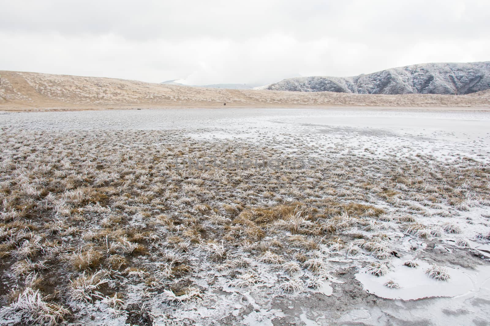 Mount Aso and Kusasenri in winter. covered by golden yellow grassland - Kumamoto, Japan